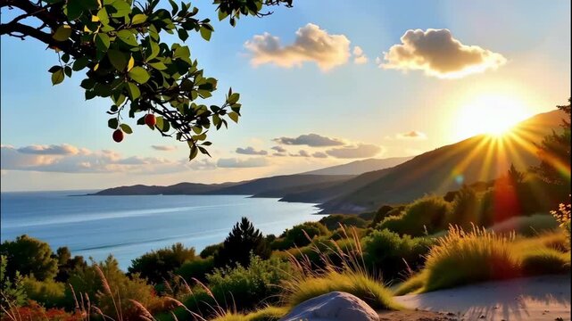 The images depict a tranquil coastal landscape during sunset. The scene features a vast body of water extending toward the horizon, bordered by rolling hills and lush vegetation
