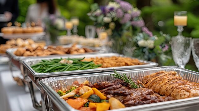 Guests enjoy a selection of steak, chicken, and vegetables in chafing dishes at a wedding party dinner table with silverware and glassware in the background