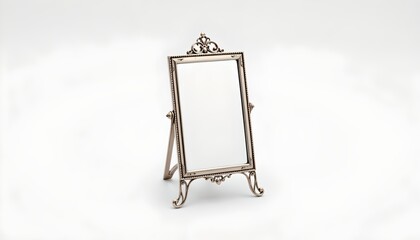 A vintage style mirror with a simple wooden frame that has a glass pane in the center, supported by two metal stands. The frame is adorned with decorative elements, suggesting an antique design