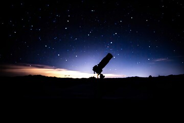 Silhouette of an astronomy telescope against the twilight sky.
