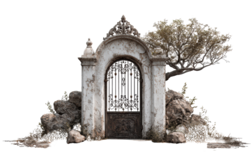 An old door partially obscured by a tree, showcasing weathered wood and natural greenery in front of it, isolated on transparent background