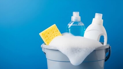 Plastic bucket with foam, sponge and bottles of detergents on blue background