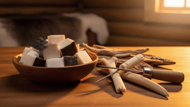 Traditional Muktuk Cubes And Dried Fish Rustic Arctic Still Life