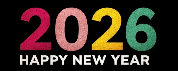 Colorful 2026 New Year greeting with bold numbers on a black background