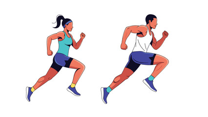 Obraz premium A fit man and woman with dark skin dressed in athletic sportswear are shown running or jogging, illustrating a healthy lifestyle, fitness, and exercise.