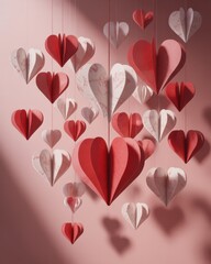 Colorful Paper Heart Decorations Hanging Against a Soft Pink Background for Valentines Day Celebration