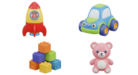 Collection Of Colorful Children's Toys Including A Rocket Ship A Toy Car Building Blocks And A Teddy Bear.