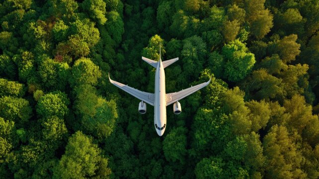 Aerial View of Passenger Airplane Flying Over Lush Green Forest Canopy, Promoting Sustainable Aviation