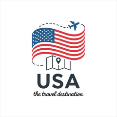 USA Travel Destination Icon with American Flag, Airplane and Map Pin Vector Illustration © RUMPA