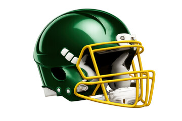 Fototapeta premium American football helmet combining dark green shell and bright yellow face mask, providing protection for players