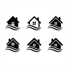 Minimal House Logo Set with Water Wave Icon &ndash; Real Estate, Flood Insurance and Property Symbol Collection