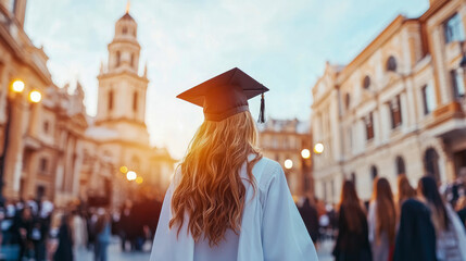 Back view of young female graduate in cap and gown walking confidently towards historic European university campus during sunset or sunrise, symbolizing achievement and new beginnings