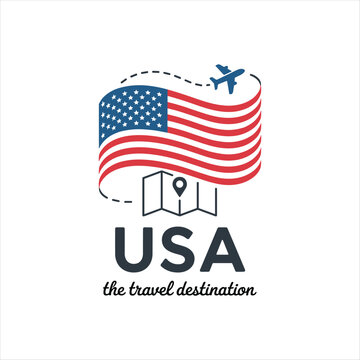 USA Travel Destination Icon with American Flag, Airplane and Map Pin Vector Illustration