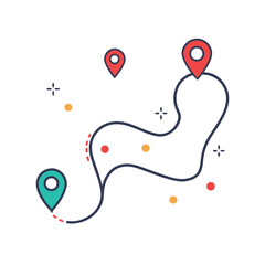 Minimal flat illustration of a travel route map with colorful location pins and a winding dashed path