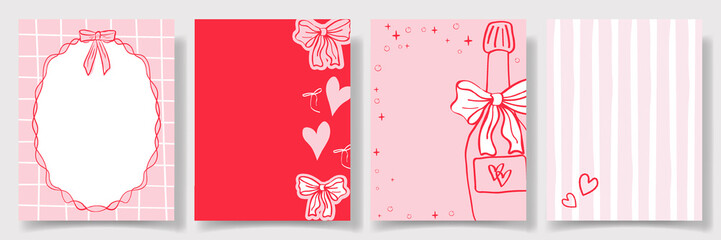 Set of Valentines Day bg, Coquette frames with bows, hearts and stripes. Romantic Whimsical hand drawn design for greeting cards, menu, invitations, posters, social media posts, weddings, birthday 