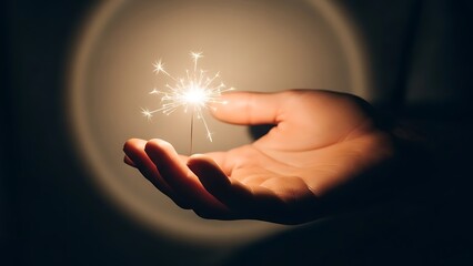 A hand holding a sparkler in a dark environment with a circular glow surrounding it