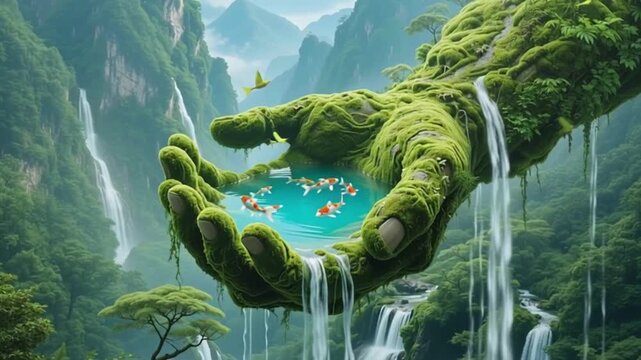 Mossy hand cradles vibrant koi pond amidst lush waterfall landscape