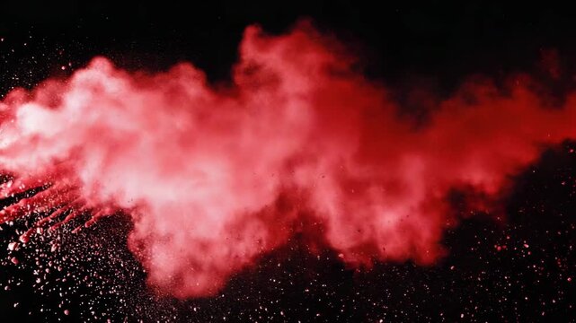  Exploding red pigment in black air, macro slow-mo, camera following drifting fragments 4K