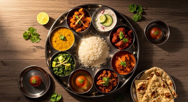Indian cuisine thali meal with assorted dishes and accompaniments on a wooden table.