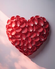  arrangement of Heartshaped red rose petals on a light background symbolizing love and romance
