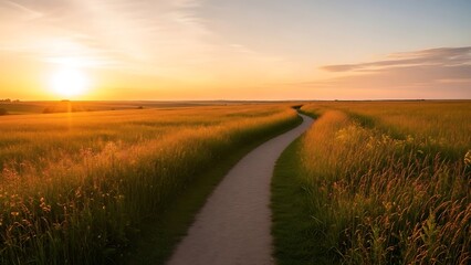 A serene pathway through lush grasslands at sunset with vibrant colors and a tranquil atmosphere
