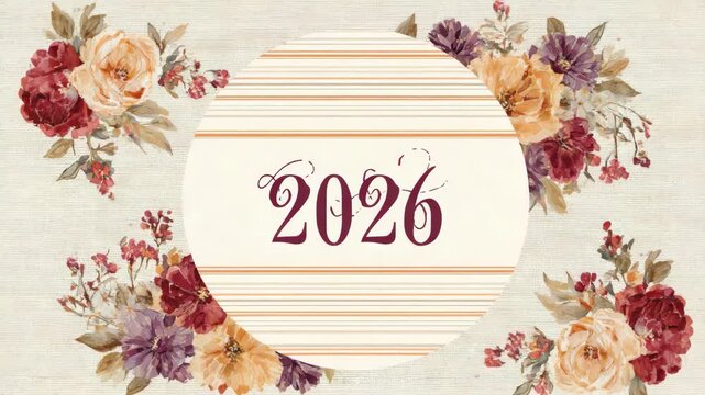Vintage floral 2026 calendar design with orange and purple flowers