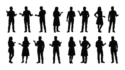 Diverse group of people silhouettes in various poses and attire displayed