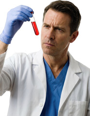Concerned male scientist in white lab coat and blue gloves examining a red liquid in a test tube with a thoughtful expression doctor researcher medical laboratory blood examination