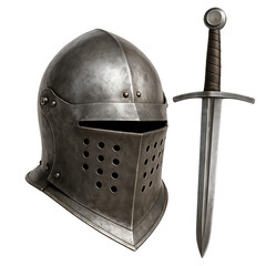 Medieval knight helmet and sword isolated on transparent background