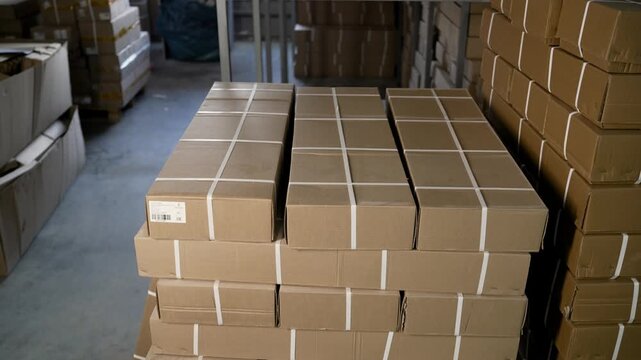 Cardboard boxes stocked in large distribution warehouse