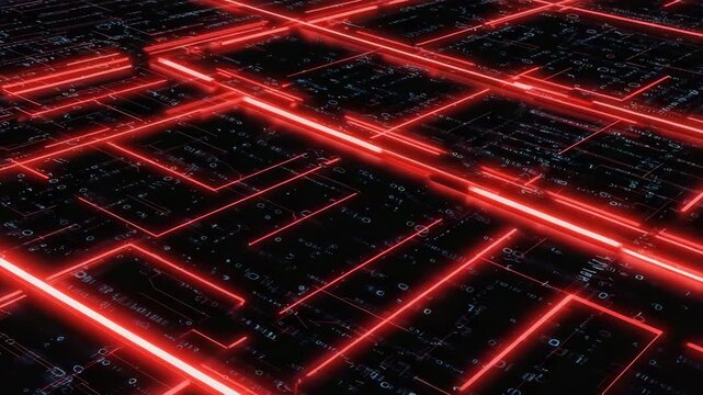  Red laser lines slicing across a complex black maze, filmed in a digital flythrough Fast-paced motion, parallax shifts, and glowing trail effects heighten tension 4K
