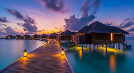 Overwater Villas Wooden Walkway Sunset Sky Purple Orange Hues Tranquil Evening