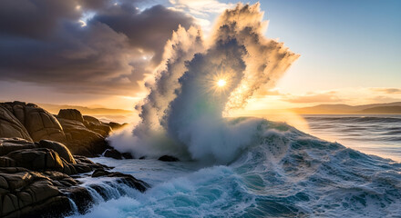 Ocean Wave Crashing Rocks Golden Sunset Seascape