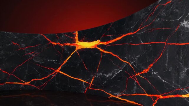 Cracked marble glowing red beneath fractured veins, captured from above with a top-light dolly Subtle shifts in focus emphasize the intricate glowing fissures 4K.