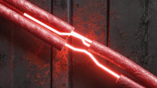 Red holographic fragments spinning in void, circular motion blur camera path 4K