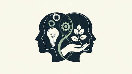 A creative illustration of two human heads with a lightbulb and plant growing out of them symbolizing innovative thinking and growth