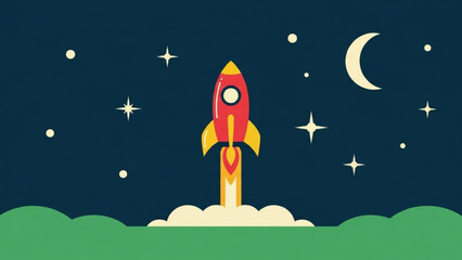 A colorful cartoon rocket ship blasting off into a starry night sky with a crescent moon