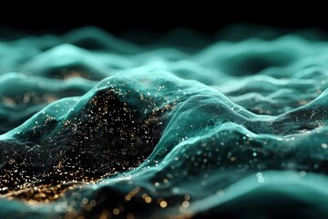 Flowing teal mesh surface with golden highlights, editable and customizable abstract image representing data streams, connectivity, and digital transformation.