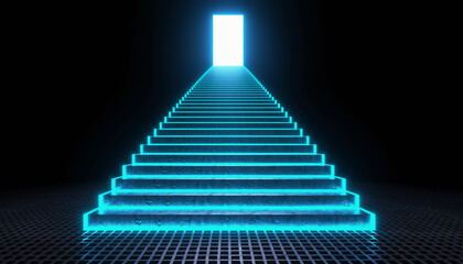Naklejka premium Stairway to Open Doorway with Neon Lights in Dark Environment from Front View