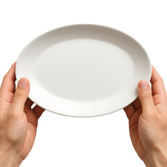 Top view of hands holding an empty white oval ceramic plate isolated on transparent background
