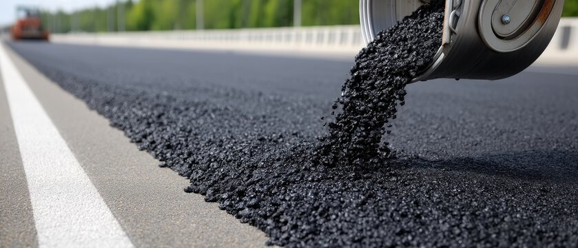 Excavator pours black bitumen on pavement while a new home is located nearby during the asphalt-paving project in the front yard