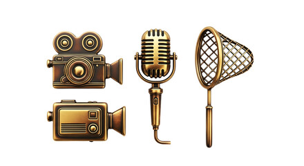 A curated set of antique golden objects including two retro movie cameras, a classic microphone, and a delicate butterfly net, all presented distinctly on a transparent backdrop.