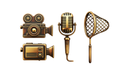 A curated set of antique golden objects including two retro movie cameras, a classic microphone, and a delicate butterfly net, all presented distinctly on a transparent backdrop.