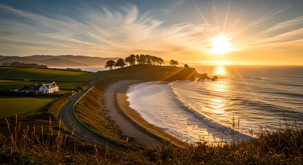 Golden Sunset Ocean View Winding Road Countryside House