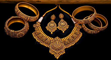 Elegant Gold Jewelry Set With Necklace, Earrings, And Bangles For Indian Wedding