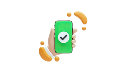 3D Hand Holding Smartphone with Checkmark Icon