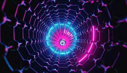 A mesmerizing spiral pattern of neon blue and pink lights on a dark background, viewed from directly above, showcasing a futuristic illustration