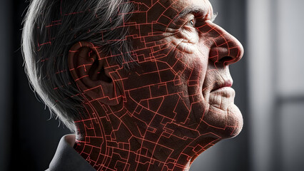 Glitchy portrait of an elderly man with a contemplative expression