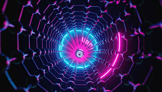A mesmerizing spiral pattern of neon blue and pink lights on a dark background, viewed from directly above, showcasing a futuristic illustration - Powered by Adobe