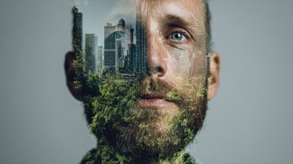 Double exposure portrait: Man with cityscape and greenery overlay, conceptual image representing nature and urban living